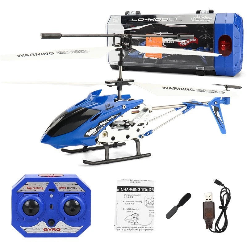 Mini blue RC helicopter drone with remote controller and charging cable, mounted rotor
