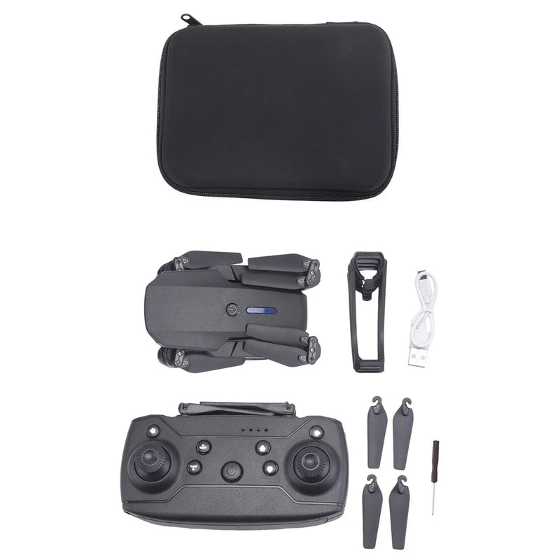Foldable black drone with 4K camera, remote controller, spare propellers, and carrying case