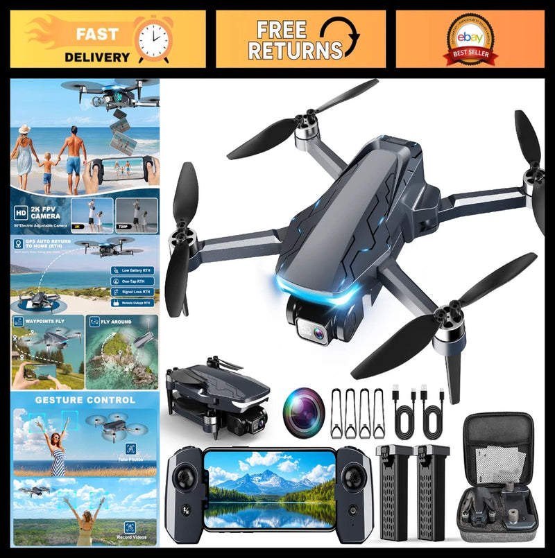 2K HD GPS Drone with Camera, Foldable FPV, Auto Return, Follow Me, 5G, 2 Batteri