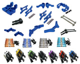 Blue aluminum RC steering hub carrier upgrade kit with metal axles and screws