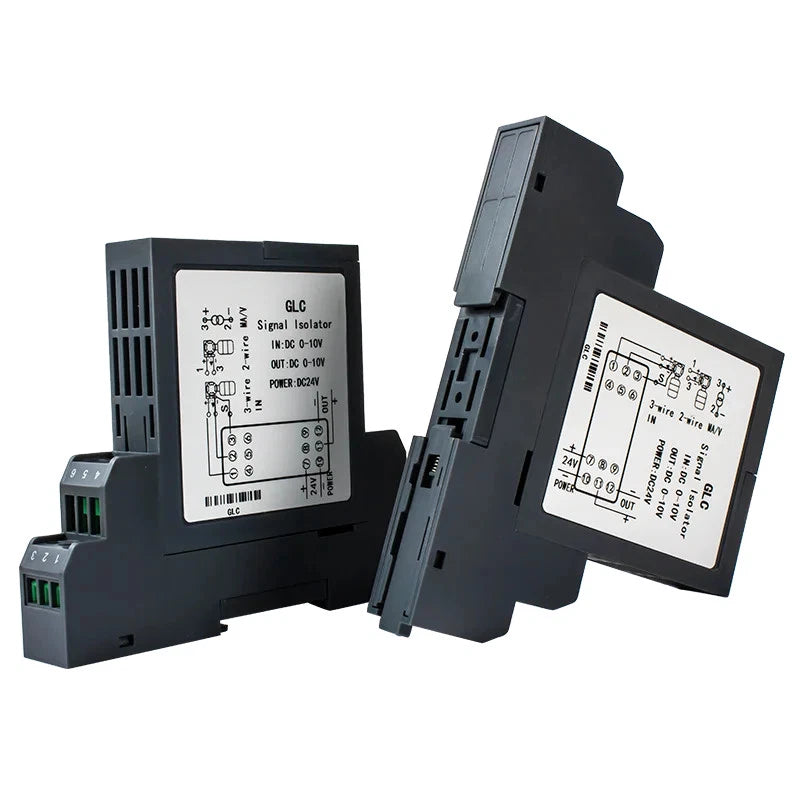 Black DIN-rail signal isolator converter with screw terminals and wiring label