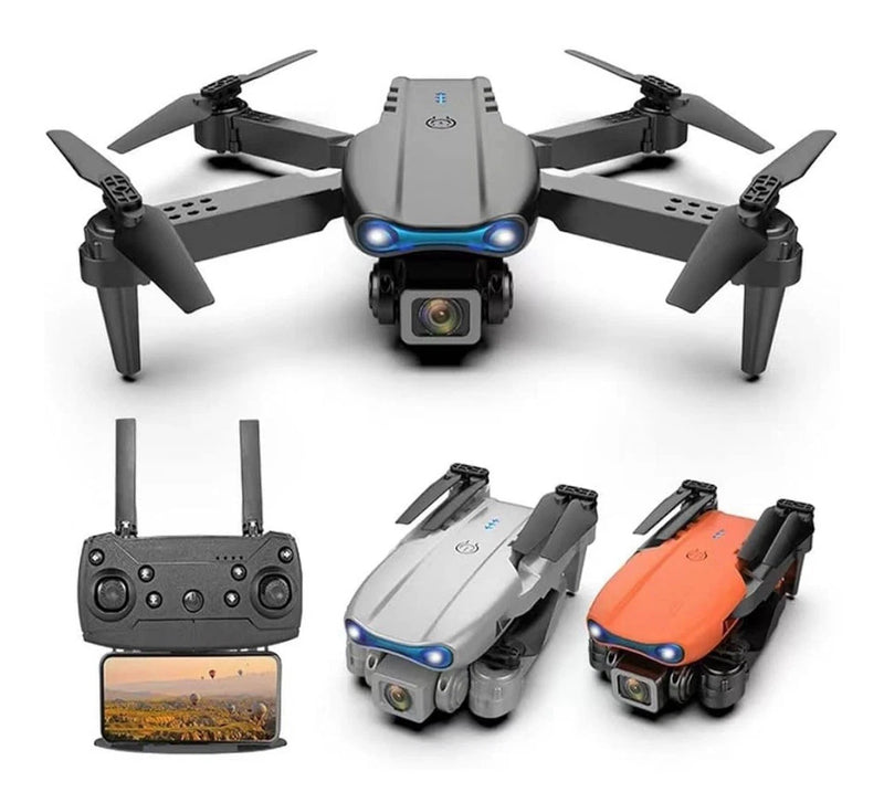 Foldable quadcopter drone with front camera and blue lights, gray body