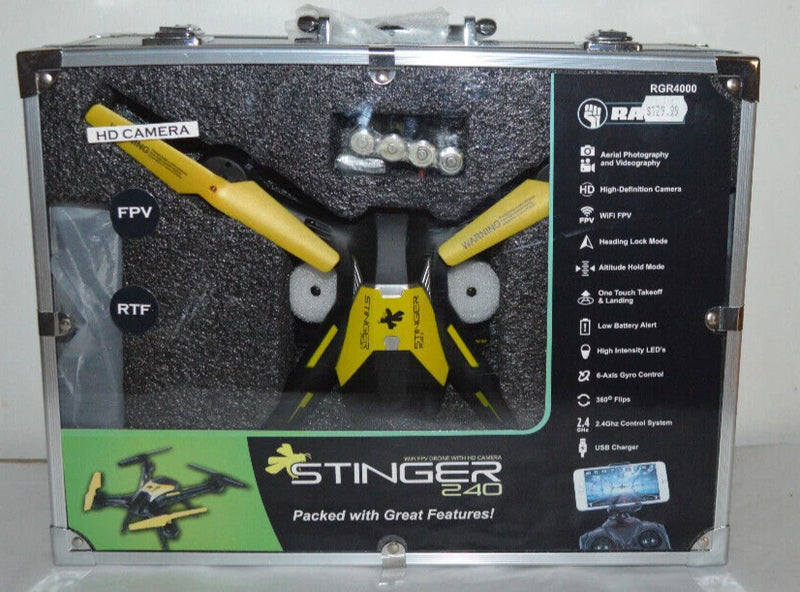 Yellow and black drone kit with HD camera, in retail box