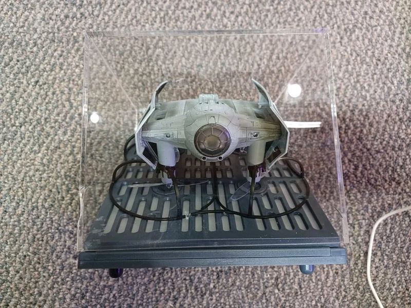 Star Wars TIE Advanced battling drone with white cockpit and black stand, front view