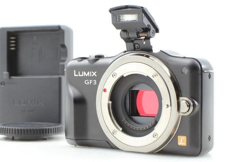 Black Panasonic LUMIX GF3 compact camera with lens and built-in flash