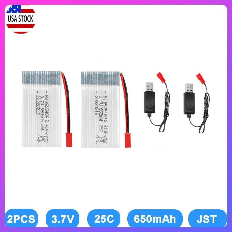 2Pcs 3.7V 650mAh 25C Lipo Battery JST plug + USB Charger for Mini Orion Drone