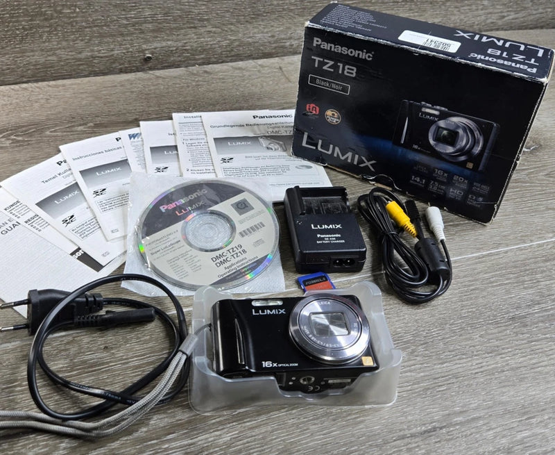 Panasonic Lumix DMC-TZ18 BLACK 14MP Digital LEICA LENS 16x Zoom Kit Box Charger