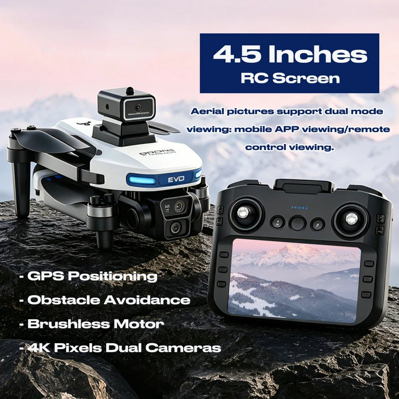 Drone with mounted camera and handheld remote with 4.5-inch screen