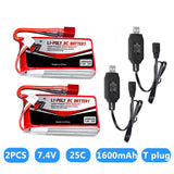 2x 7.4V 2S 1600mAh LiPo Battery 25C Deans T Plug for RC Car Airplane Helicopter