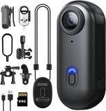 Mini thumb action camera with wide lens, blue LED button, compact black body