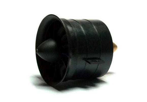 Black ducted fan housing with front intake opening and small gold connector