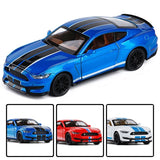 Blue alloy die-cast model car with black stripes, front-left 3/4 view