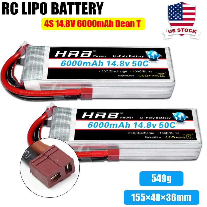 2pcs HRB 14.8V 4S LiPo Battery 6000mAh Deans T Plug for RC Car Truck 1/10 1/8