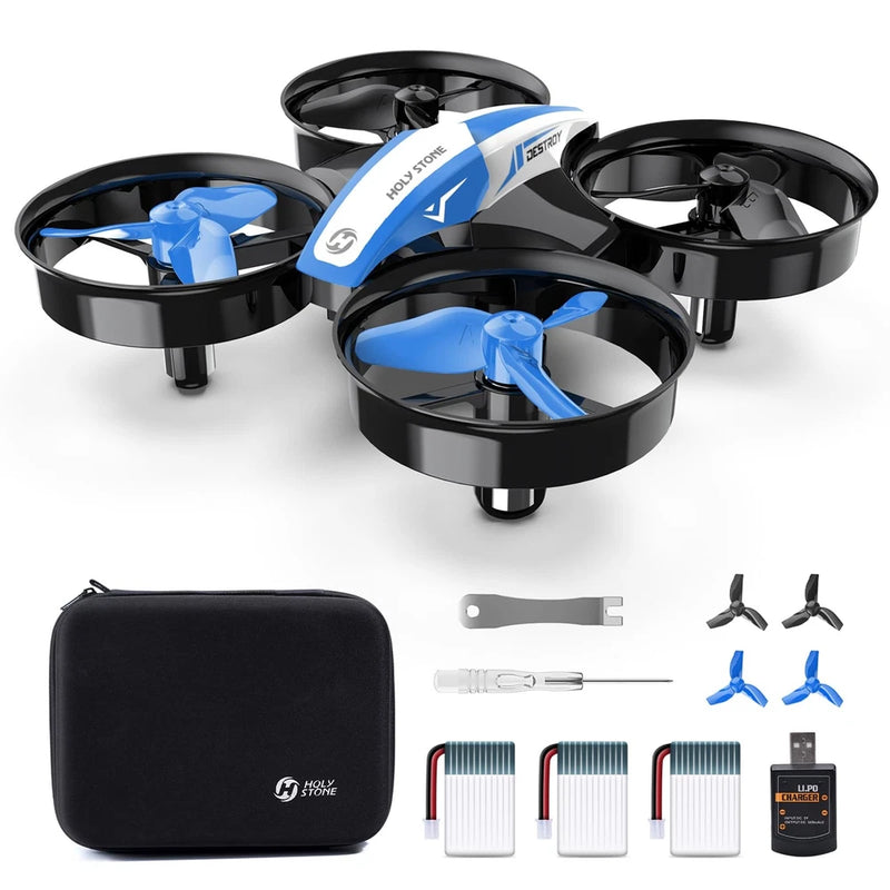 Blue quadcopter drone kit with carrying case, batteries, and spare propellers