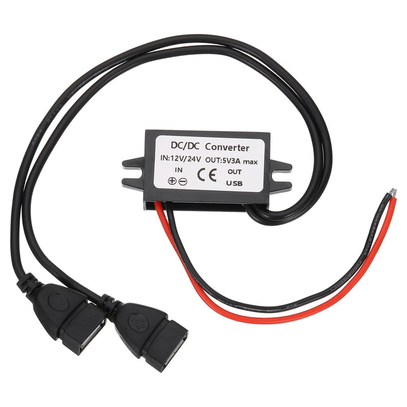 DC to 5V step down converter module with dual USB female ports and input/output wires