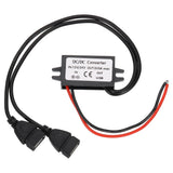 DC to 5V step down converter module with dual USB female ports and input/output wires