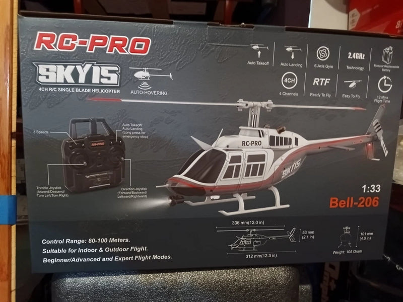 RC-PRO 1:33 Bell-206 RTF RC helicopter box with orange and white model illustration