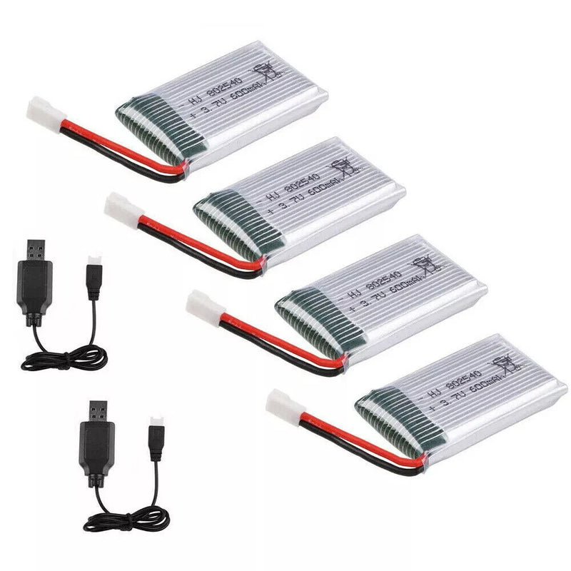 LiPo battery pack with red/black leads and balance plugs, includes USB charging cables