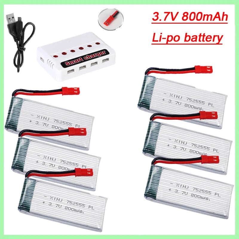 6¡Á 3.7V 800mAh 25C 752555 Lipo Battery +Charger For JJRC H11C H11D RC Quadcopter Battery