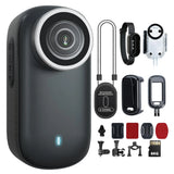 Portable mini action camera with black body, lens, clips and 64GB card accessory set