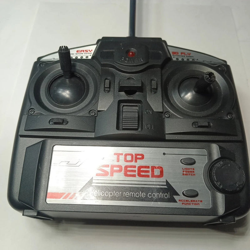 RC helicopter transmitter with dual joysticks and top speed display panel