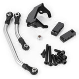 RC car steering link and servo mount set with black brackets, silver rods, screws
