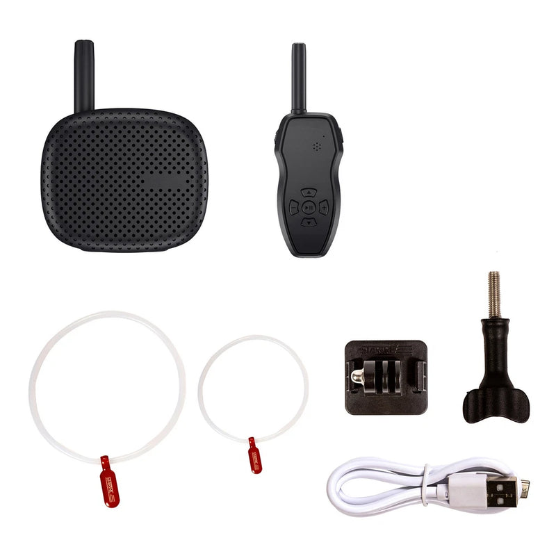 Long-distance megaphone speaker kit with black unit, mounting, cables, and light rings