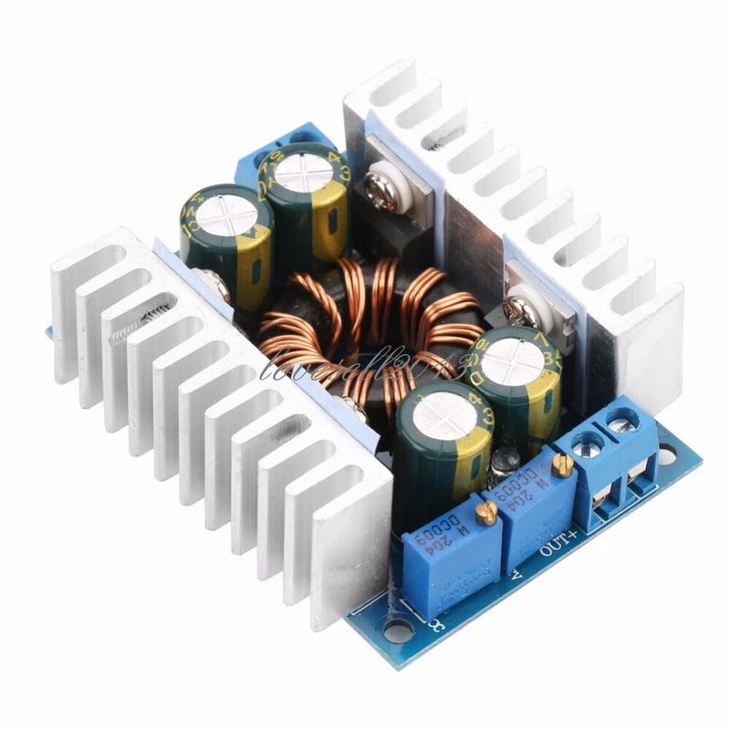 Automatic DC step up/down converter module with blue PCB and metal heatsinks