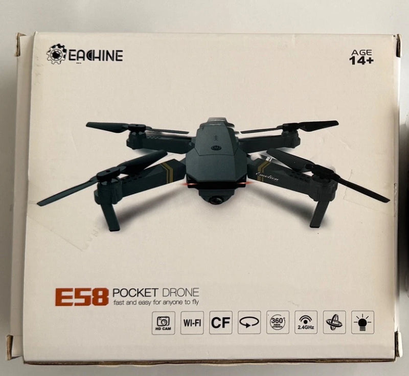Pocket drone quadcopter with 4 black propellers, camera, and E58 label