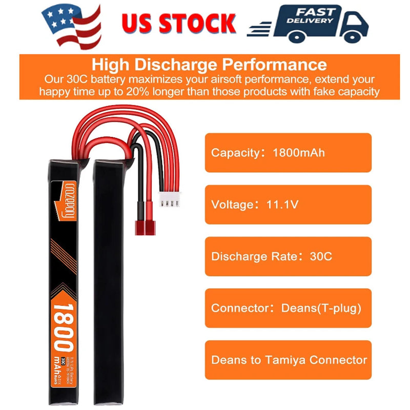 11.1V 3S 1800mAh 30C Airsoft Lipo Battery Nunchuck T Plug to Mini Tamiya Cable