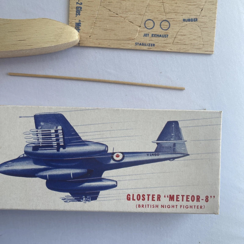 Blue Gloster Meteor-8 model airplane kit box with illustrated fighter jet