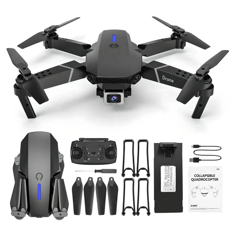 4K dual-camera drone kit with controller, propellers, battery, and carrying case