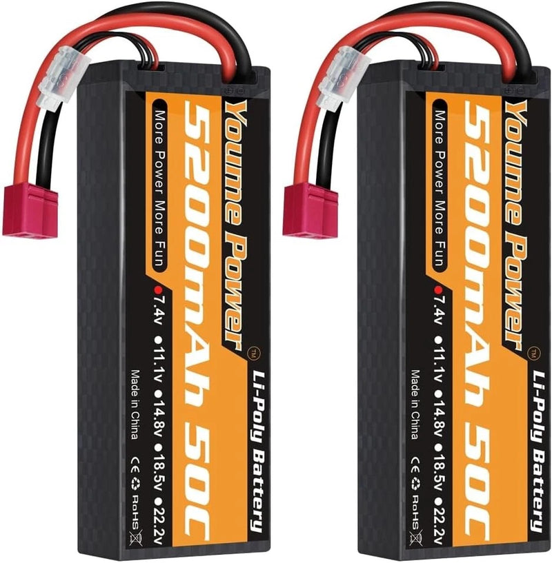 Youme 2S Lipo Battery 7.4V 5200mAh 50C Hard Case 2Packs for RC Cars Trucks hard Battery