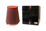 Red pleated cone air filter with mounting base and boxed package