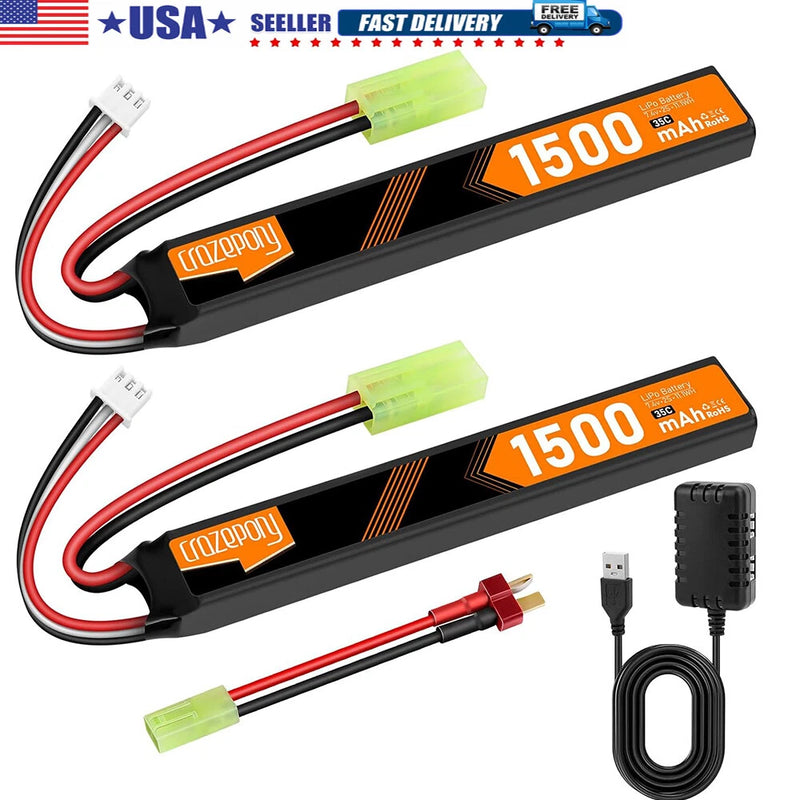 2Pcs Airsoft Battery 7.4V 1500mAh 35C 2S LiPo Battery Tamiya Plug with Charger