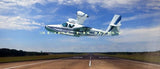 White and dark RC airplane model taking off above runway, ready-to-assemble kit