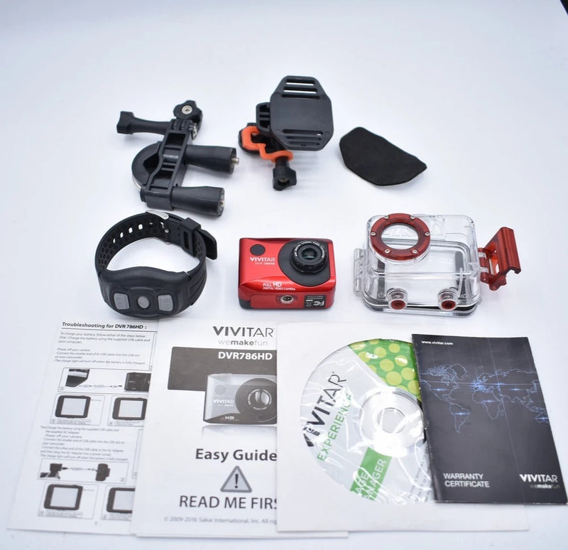 Vivitar DVR 786HD Full Action Camera Red Waterproof Case, Mounts, CD, READ DISC