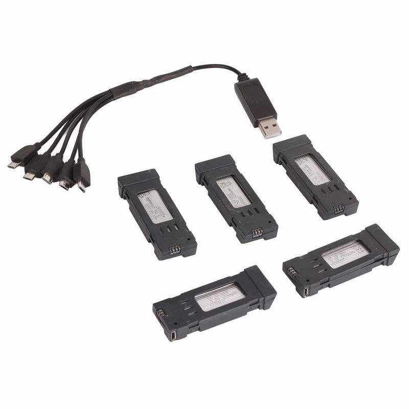 Portable drone battery set with USB charger cable and five black battery modules