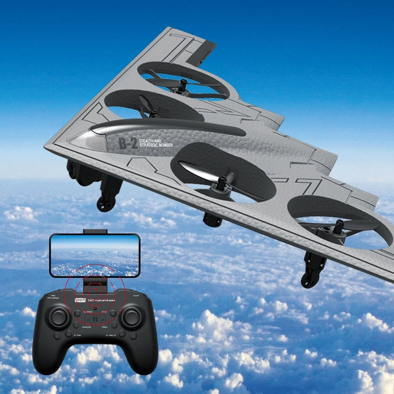Gray RC stealth bomber drone with camera, 2.4G remote controller shown below