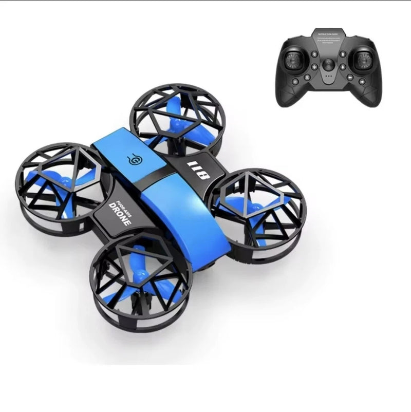 Blue mini quadcopter drone with prop guards and four blue rotors