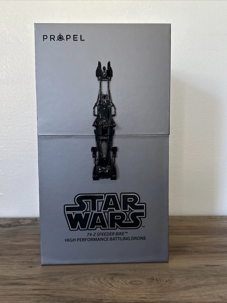 Star Wars speeder bike drone in Propel display box, front view