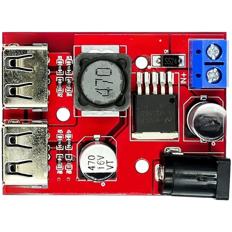 Red DC step-down converter PCB with IC, capacitors, and terminal headers