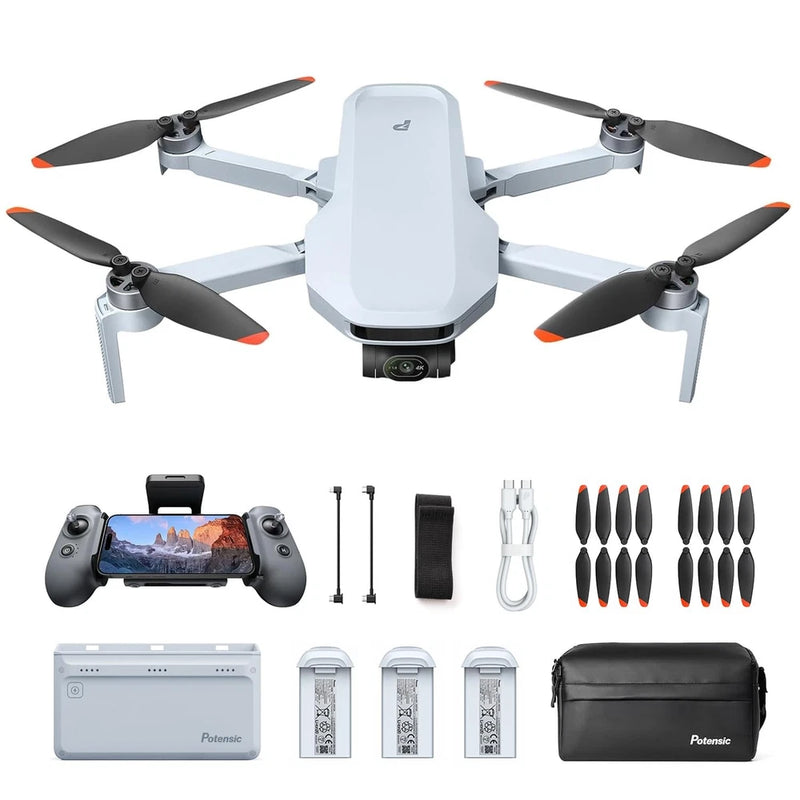 White quadcopter drone with remote controller, spare propellers, batteries, and carrying bag