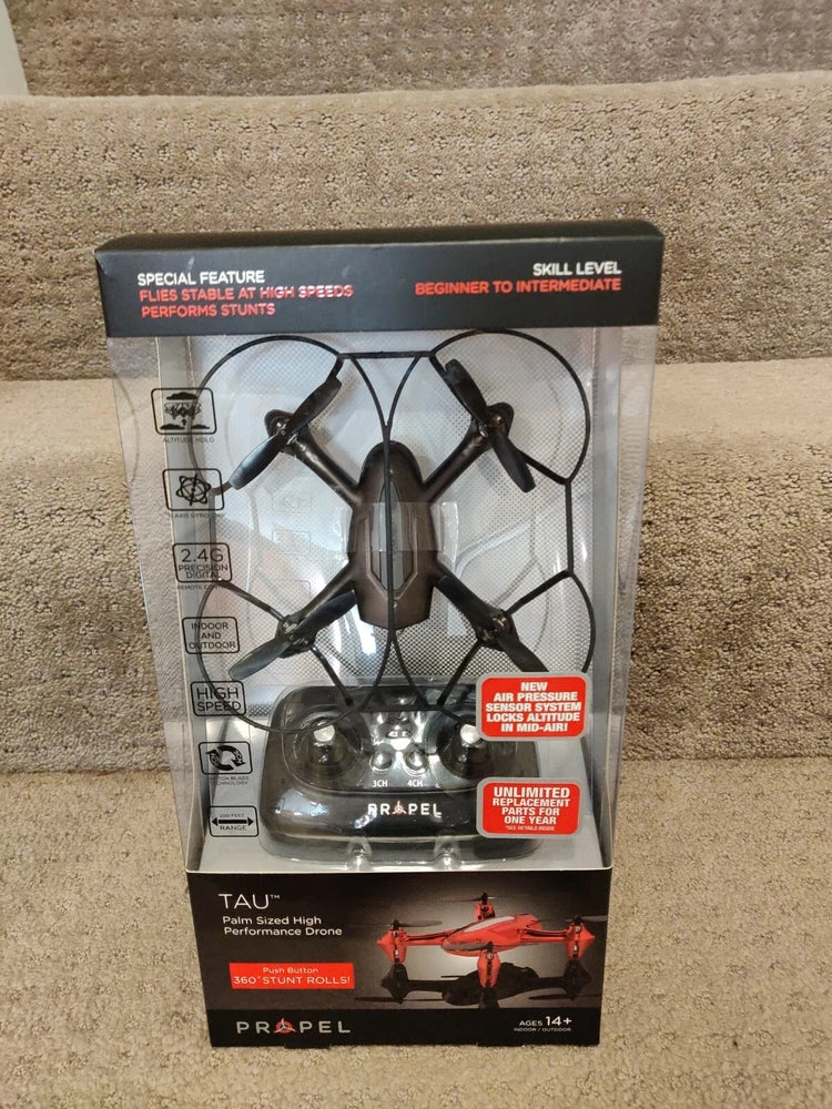 Palm-sized performance drone in retail box, black