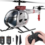 RC helicopter toy with red and white body, metal skids, and handheld controller