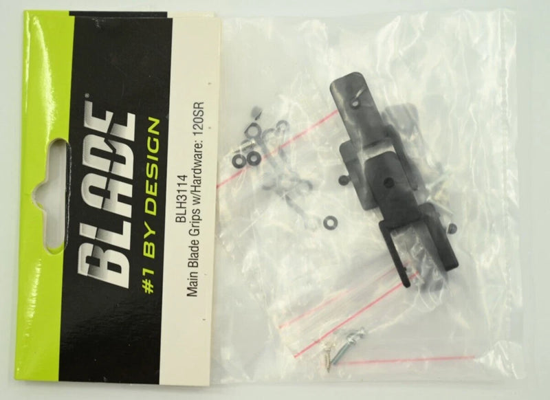 RC helicopter main blade grips with hardware, black parts and metal fasteners in bag