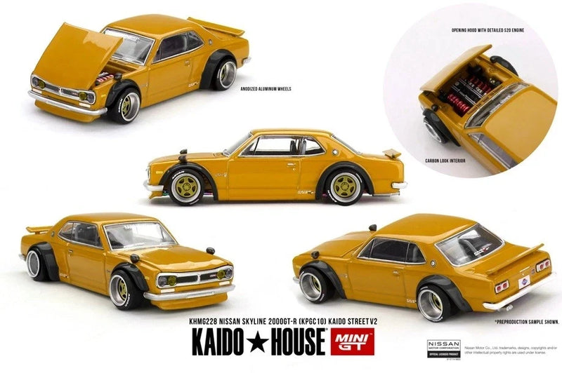1:64 yellow Nissan Skyline KPGC10 die-cast model car with Kaido House livery