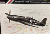1/72 Heinkel He 100D-0 model kit with dark gray aircraft fuselage and 8 red markings