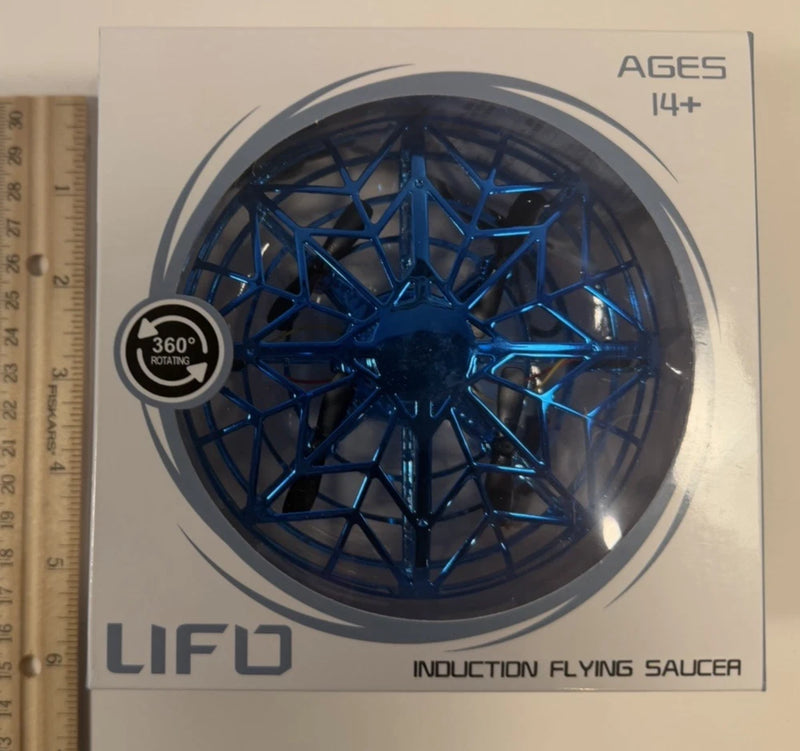 Blue induction flying saucer drone toy with hand sensor, UFO lattice design on box
