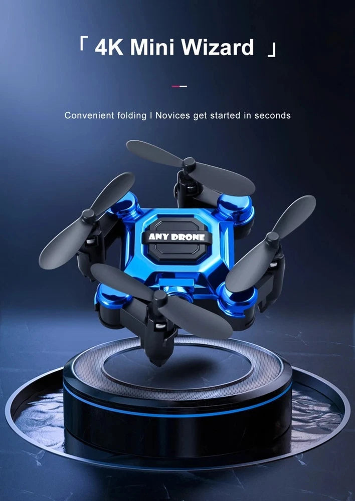 Foldable pocket quadcopter drone with blue LED lights and four propellers